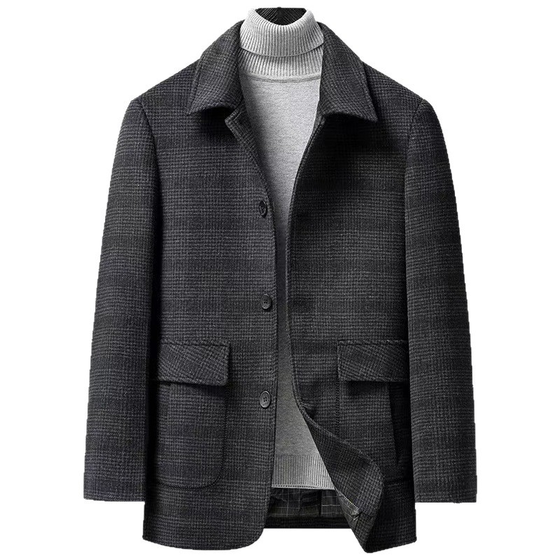 Men's Warm Lined Lapel Casual Plaid Wool Coat