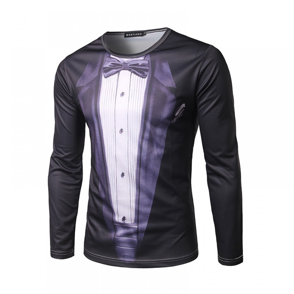 Spring New Fashion 3D Printing Men's Bow Tie Round Neck Long Sleeve T-Shirt